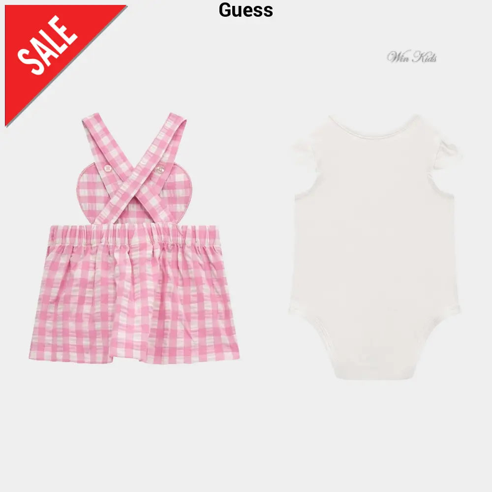 Completo GUESS abito salopette e body rosa e bianco dalla 0-3 mesi alla 12 mesi Completi