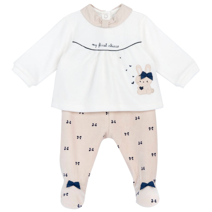 Conjunto CHICCO em chenille bege creme com laços dos 0 meses aos 3 meses
