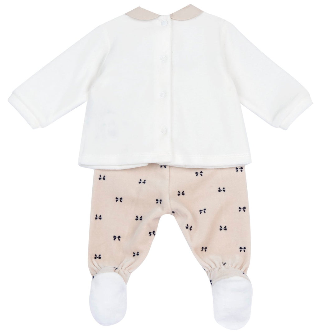 Conjunto CHICCO em chenille bege creme com laços dos 0 meses aos 3 meses