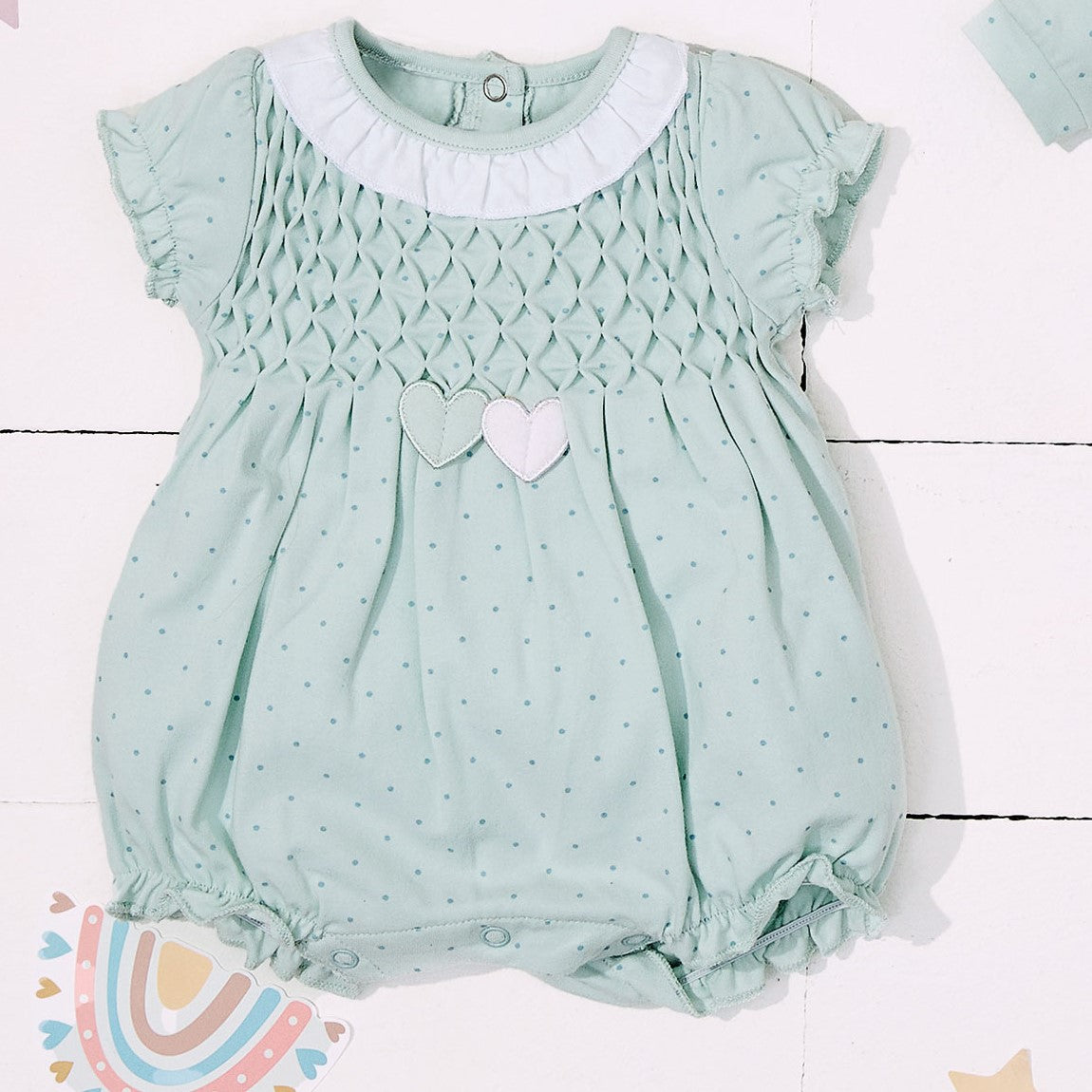 Pagliaccetto i DO verde acqua punto smock 1 mese - 3 mesi