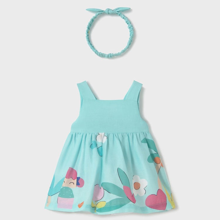 MAYORAL dress and sash in aqua green with a pattern from 1-2 months to 18 months
