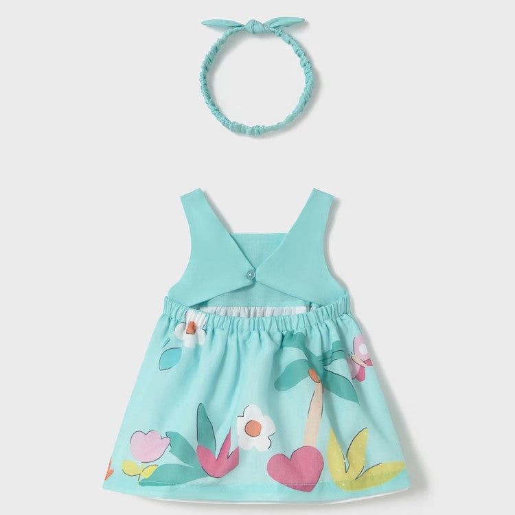 MAYORAL dress and sash in aqua green with a pattern from 1-2 months to 18 months