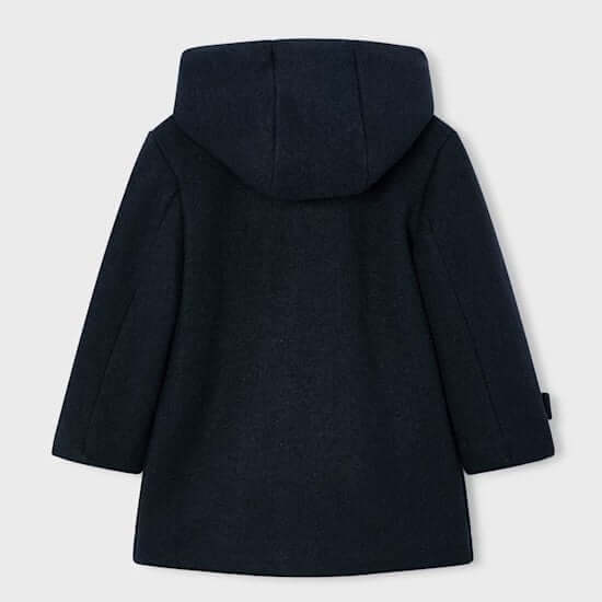 Cappotto MAYORAL modello con alamari blu 2 anni - 10 anni, vista posteriore con cappuccio e design elegante.