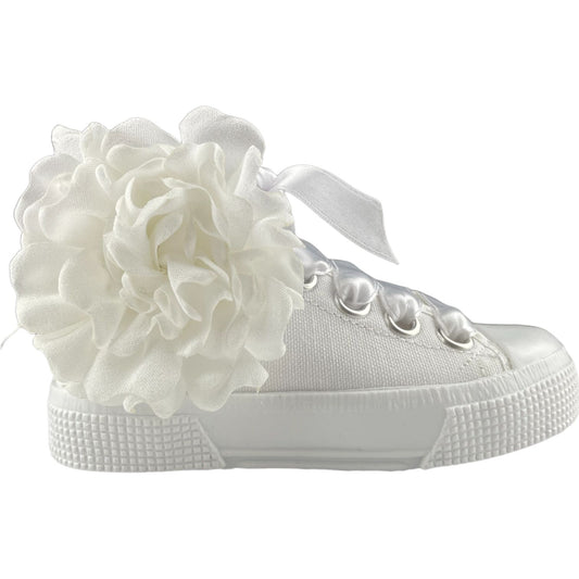 Zapatos de espinnoctor blanco con flor de cordones de satén