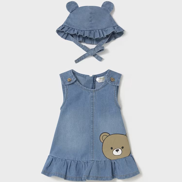 MAYORAL light denim dress and hat with teddy bear 1 month - 18 months