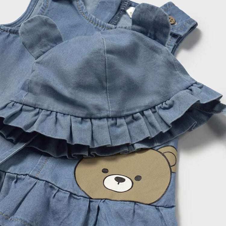MAYORAL light denim dress and hat with teddy bear 1 month - 18 months