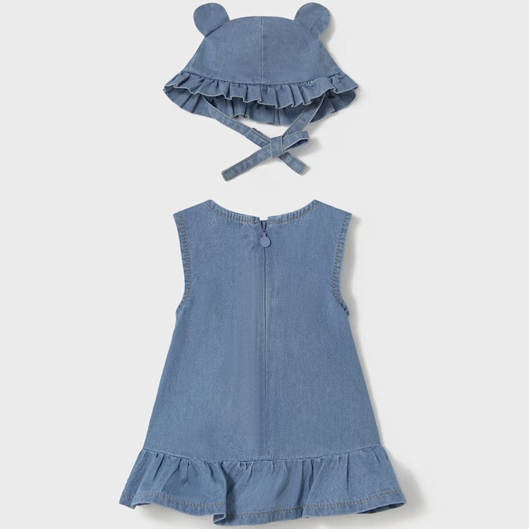 MAYORAL light denim dress and hat with teddy bear 1 month - 18 months