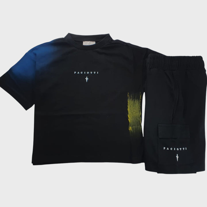 Completo CESARE PACIOTTI kids e junior t-shirt nera e bermuda nero sfumature colorate 4 anni - 16 anni
