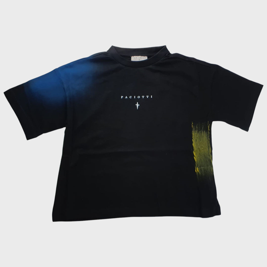 Completo CESARE PACIOTTI kids e junior t-shirt nera e bermuda nero sfumature colorate 4 anni - 16 anni