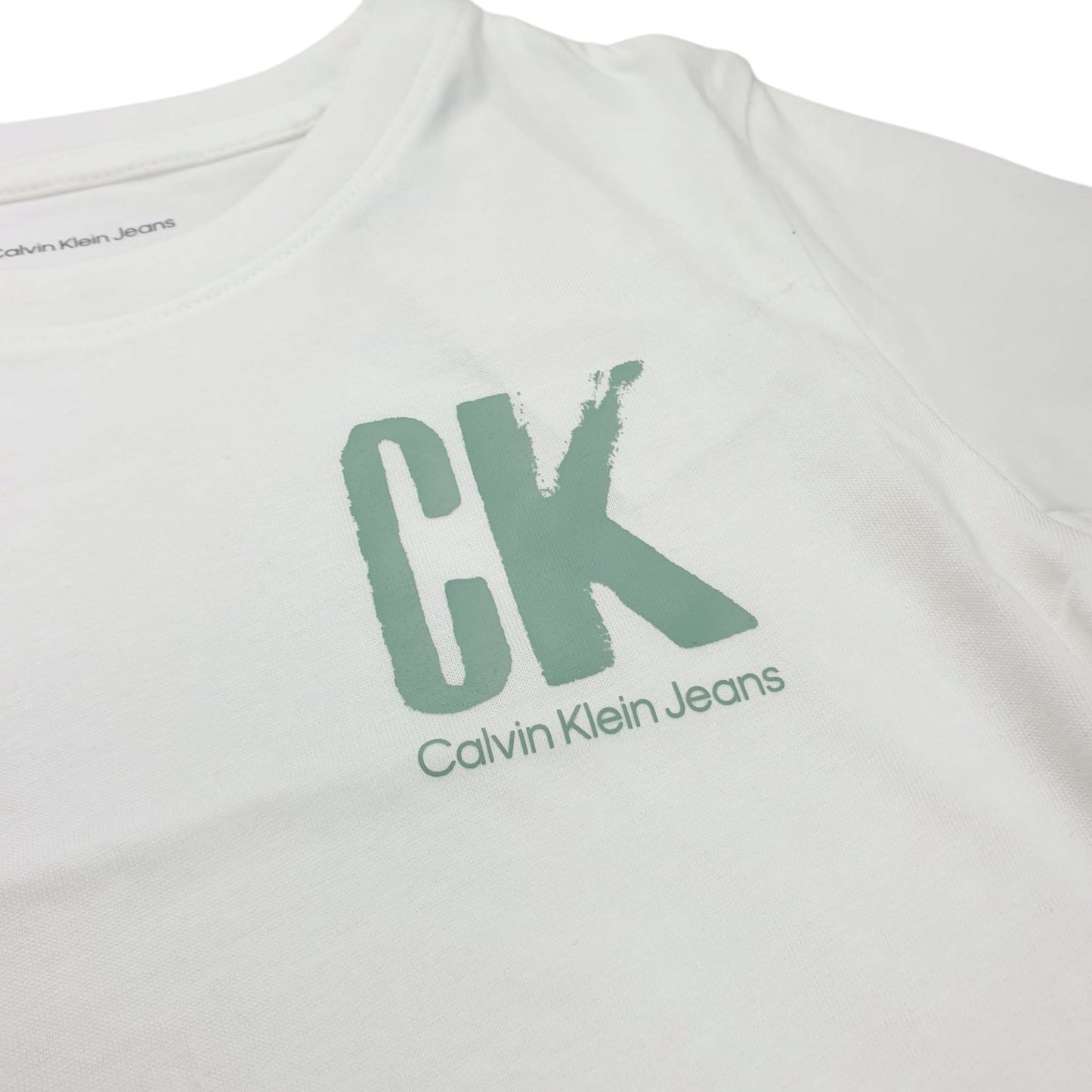 CALVIN KLEIN White T-Shirt with Green Logo 4 Years - 16 Years