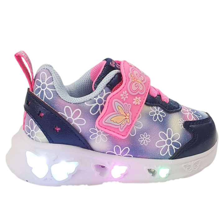 Scarpe GIARDINO D'ORO con luci farfalle blu 20 - 25, ecopelle leggera con laccio elastico e velcro.