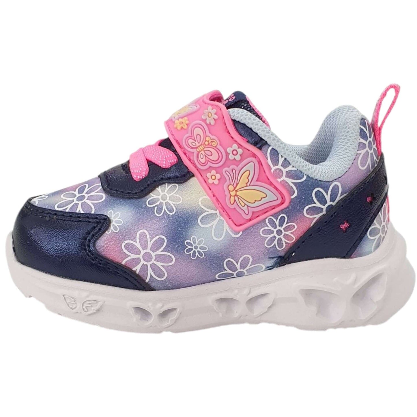 Scarpe GIARDINO D'ORO con luci farfalle blu 20 - 25, ecopelle, chiusura elastica e velcro, fondo in gomma.