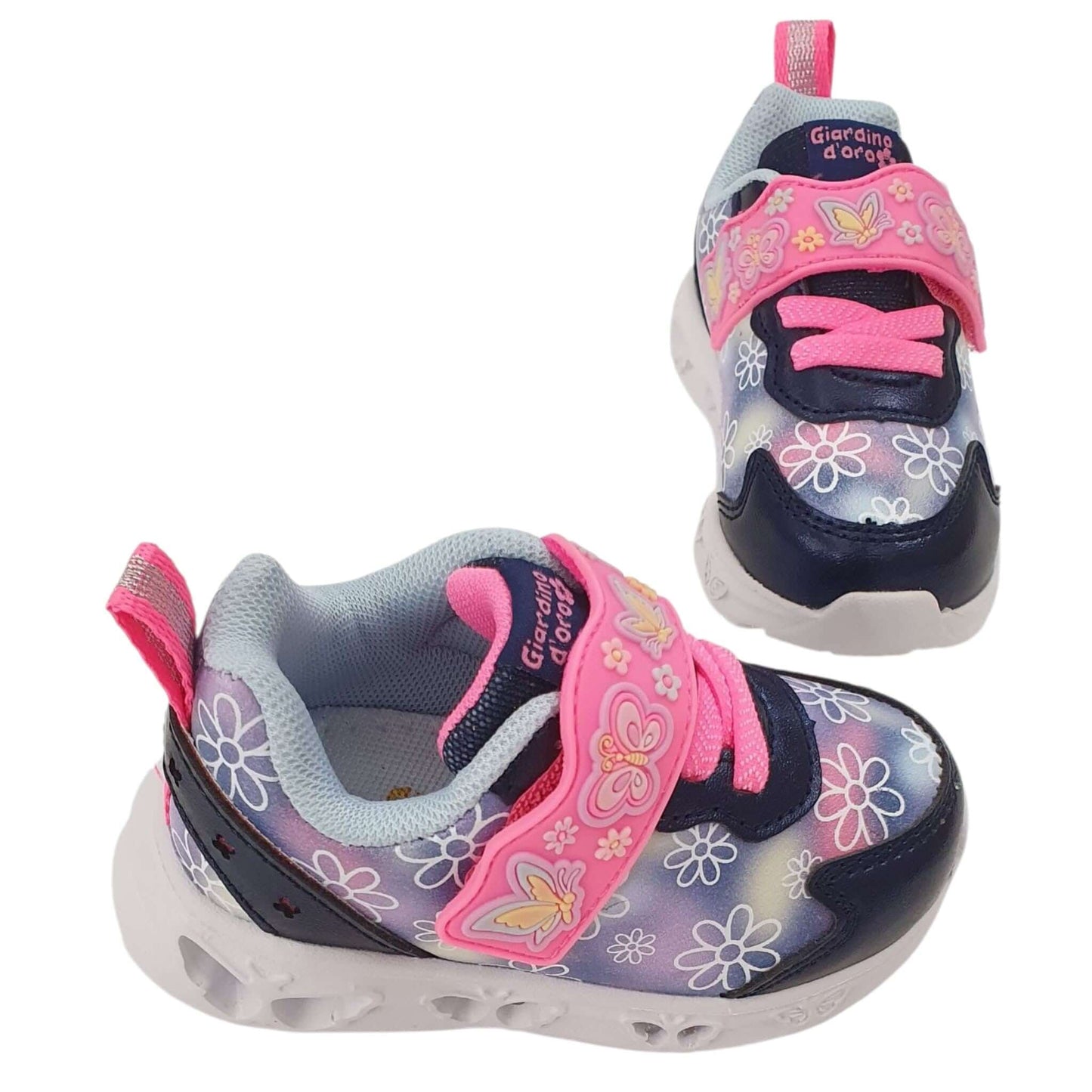 Scarpe GIARDINO D'ORO con luci farfalle blu 20 - 25, ecopelle con chiusura elastico e velcro, fondo gomma.