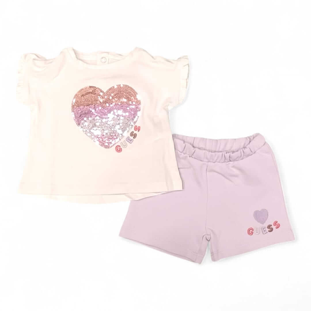 Completo GUESS neonata t-shirt cuore paillettes e shorts rosa  0 mesi - 24 mesi