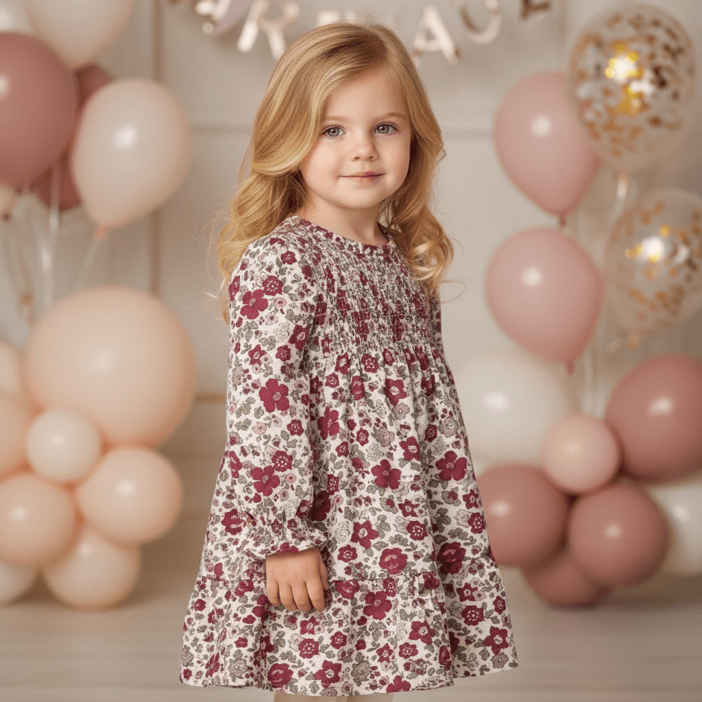 Abito floreale con bambina bionda in contesto festa elegante