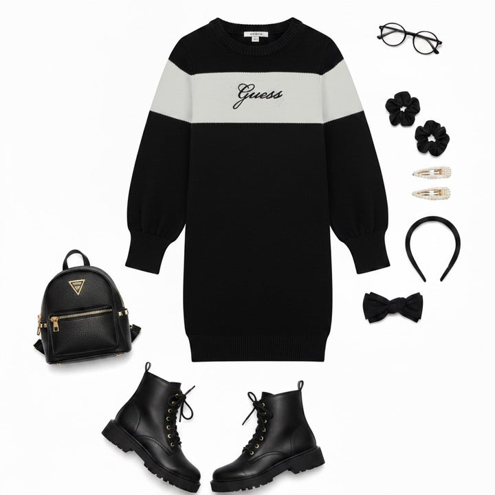 Black and white GUESS dress with embroidered logo from size 8 years to 16 years