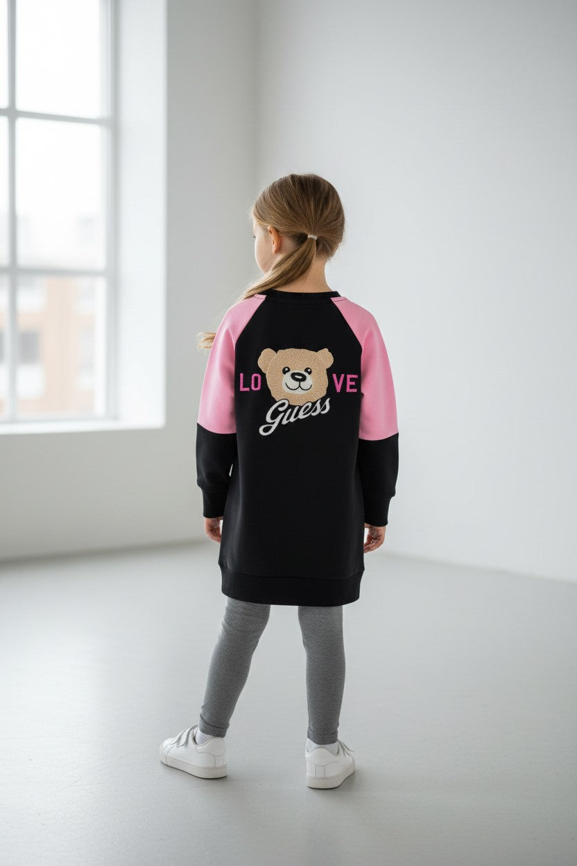 Abito GUESS bambina nero e rosa Teddy Love  dalla taglia 2 anni alla 7 anni
