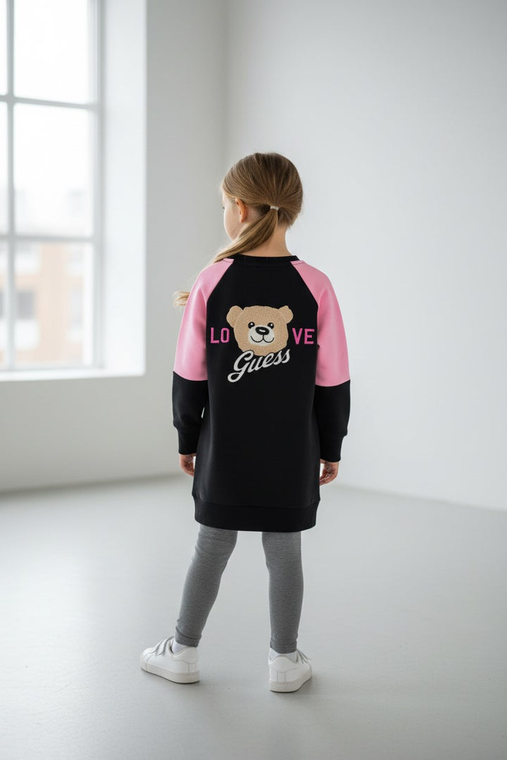 Abito GUESS bambina nero e rosa Teddy Love  dalla taglia 2 anni alla 7 anni