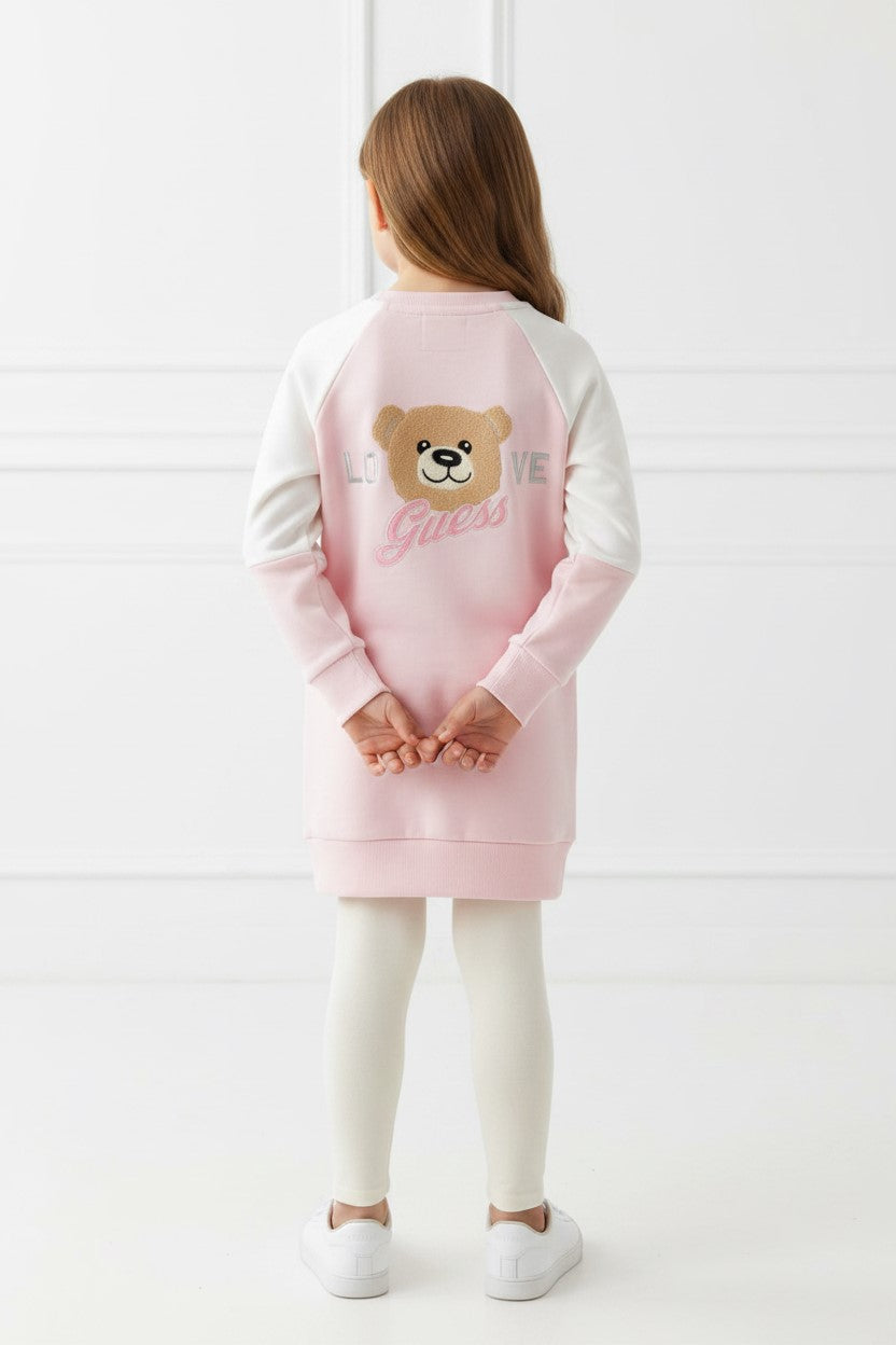 Abito GUESS bambina panna e rosa Teddy Love dalla taglia 2 anni alla 7 anni