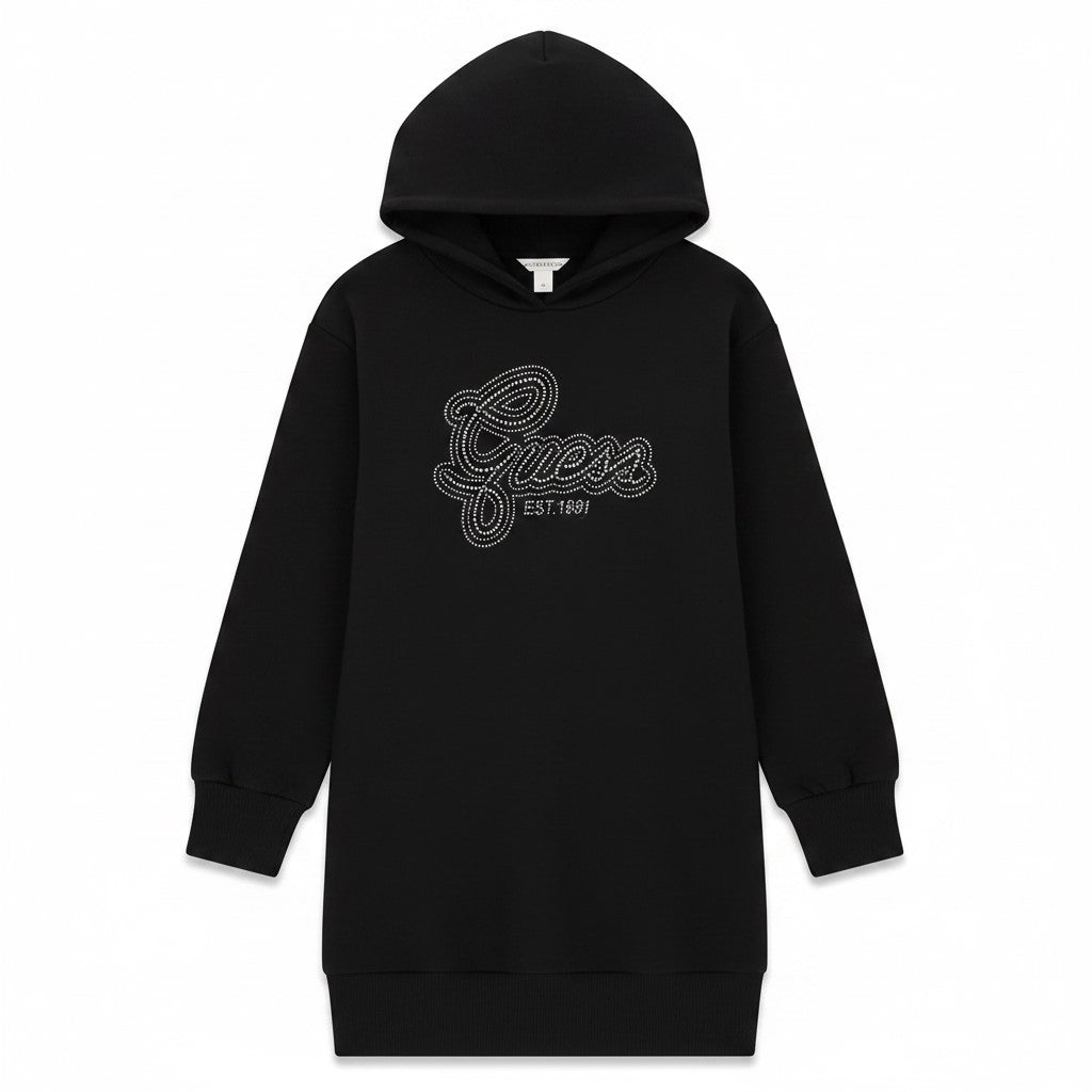 Vestido GUESS con capucha en felpa cepillada de algodón negro con logo de strass desde la talla 8 años hasta 16 años