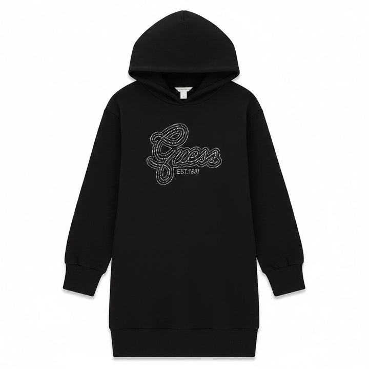 Vestido GUESS con capucha en felpa cepillada de algodón negro con logo de strass desde la talla 8 años hasta 16 años