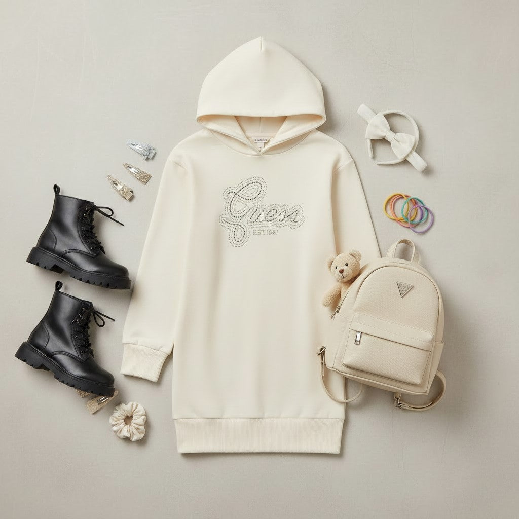 Vestido GUESS con capucha en felpa cepillada de algodón color crema con logo de strass desde la talla 8 años hasta la 16 años