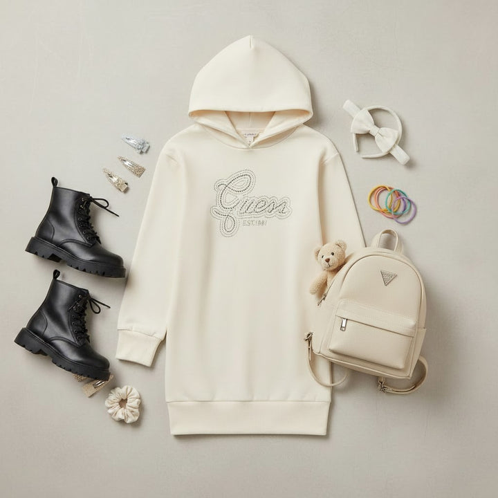 Vestido GUESS con capucha en felpa cepillada de algodón color crema con logo de strass desde la talla 8 años hasta la 16 años