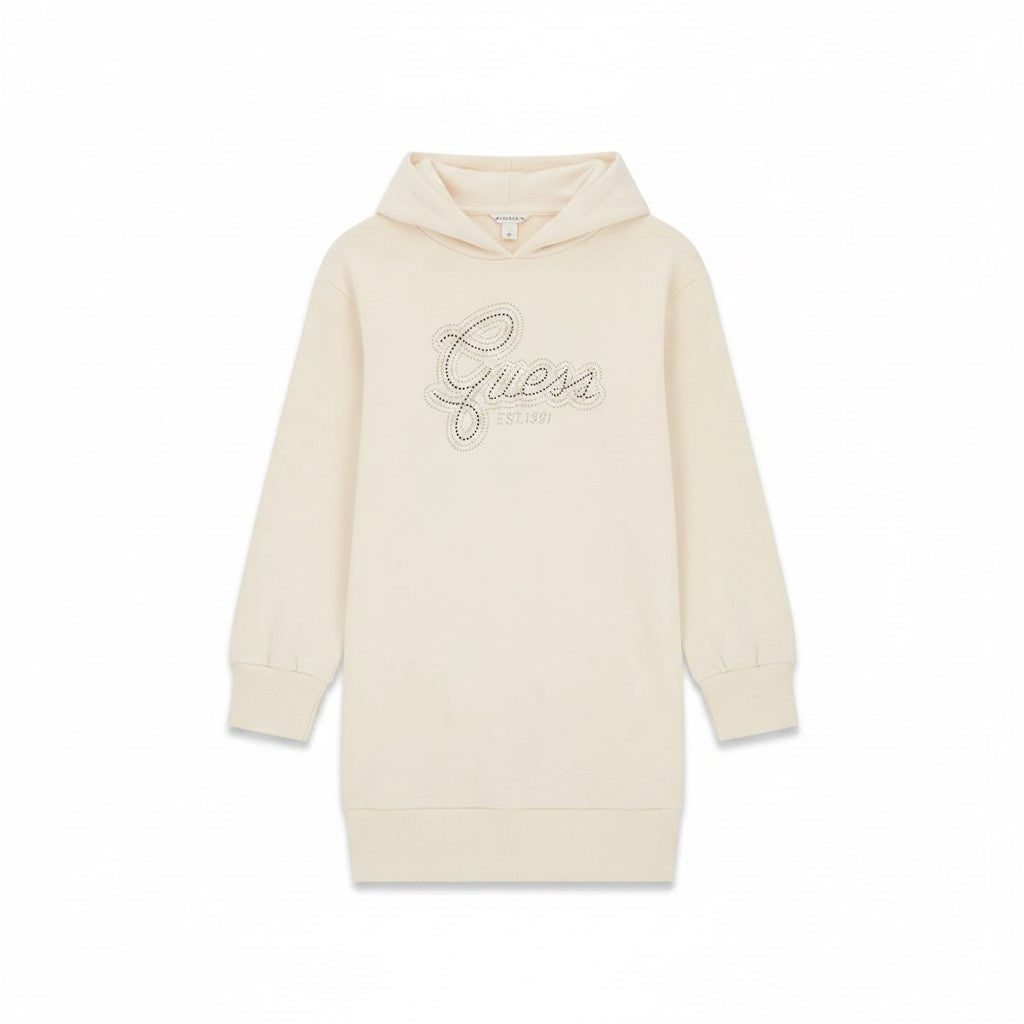 Vestido GUESS con capucha en felpa cepillada de algodón color crema con logo de strass desde la talla 8 años hasta la 16 años