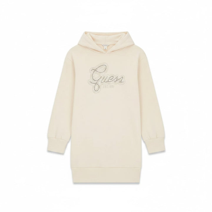 Vestido GUESS con capucha en felpa cepillada de algodón color crema con logo de strass desde la talla 8 años hasta la 16 años
