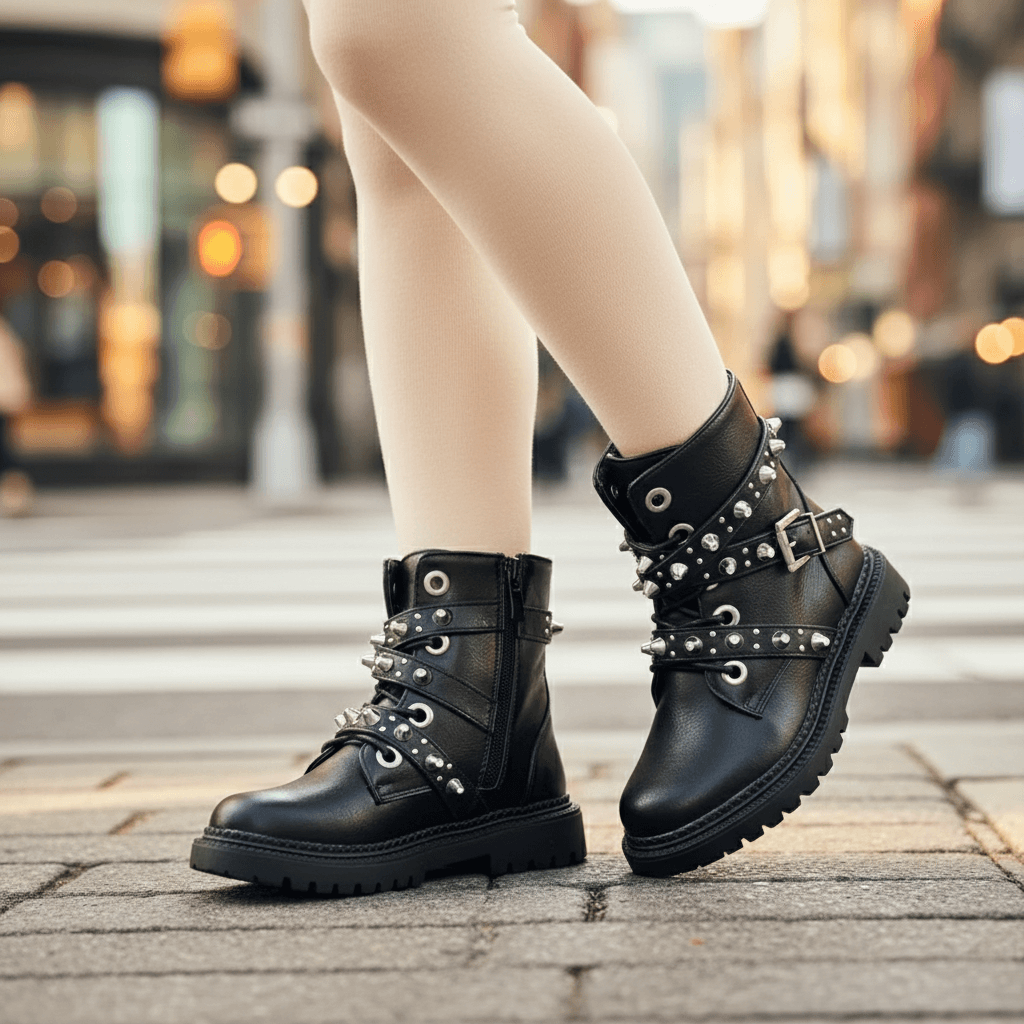 Anfibi neri con applicazioni indossati con calzamaglie panna