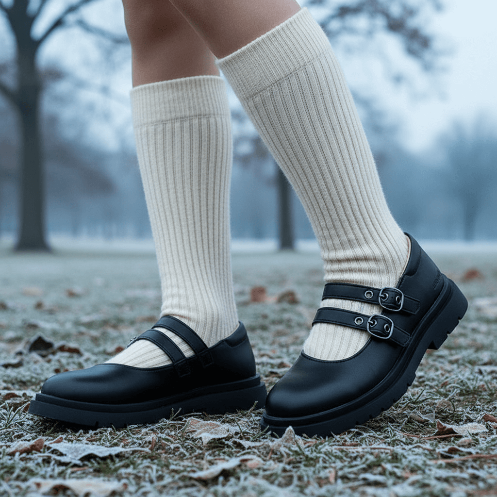 Ballerine MAYORAL nere con calze alte in contesto invernale