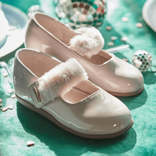 MAYORAL Girls' Ballerinas Cream Patent with Eco Fur - Elegant from 19 to 25