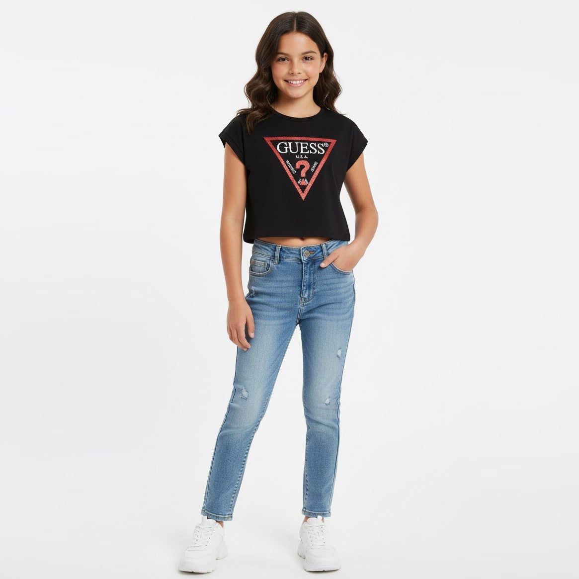 T-shirt GUESS cropped nera logo laminato 8 anni - 16 anni
