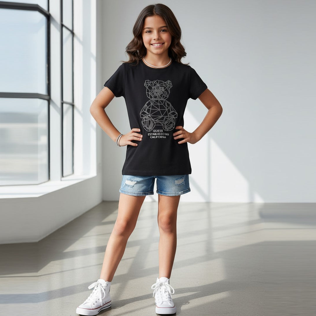 T-shirt GUESS nera con orsetto con strass 8 anni - 16 anni