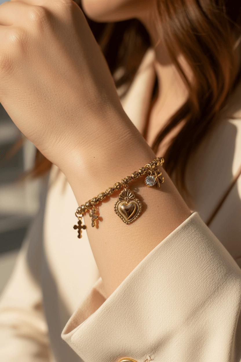 Bracciale charm dorato indossato