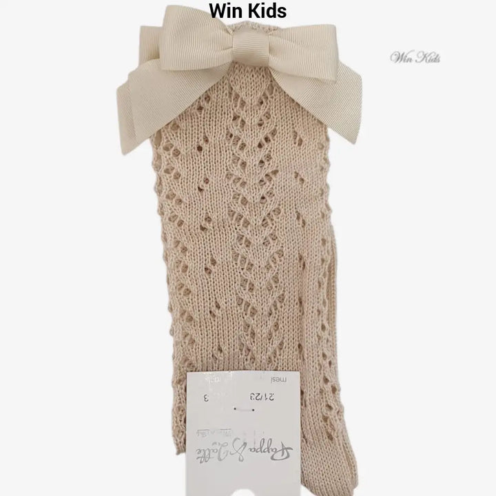 Calzini Pappa e Latte modello alto traforato con fiocco beige Calzini