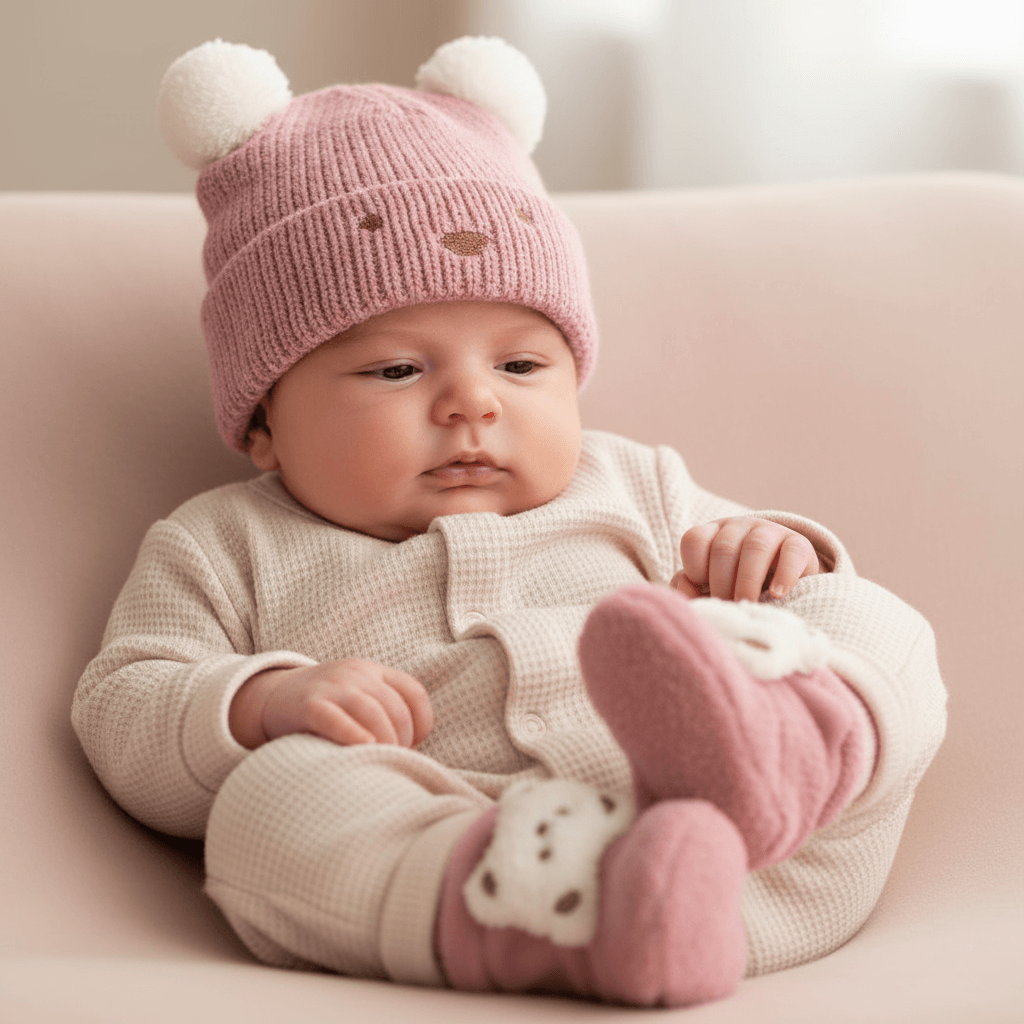 Cappello e scarpina rosa MAYORAL con abbigliamento neutro