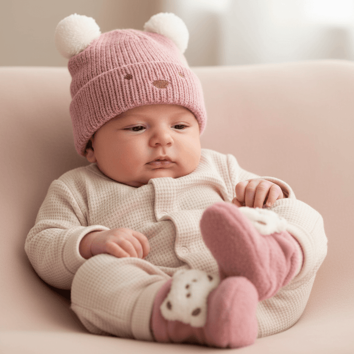 Cappello e scarpina rosa MAYORAL con abbigliamento neutro