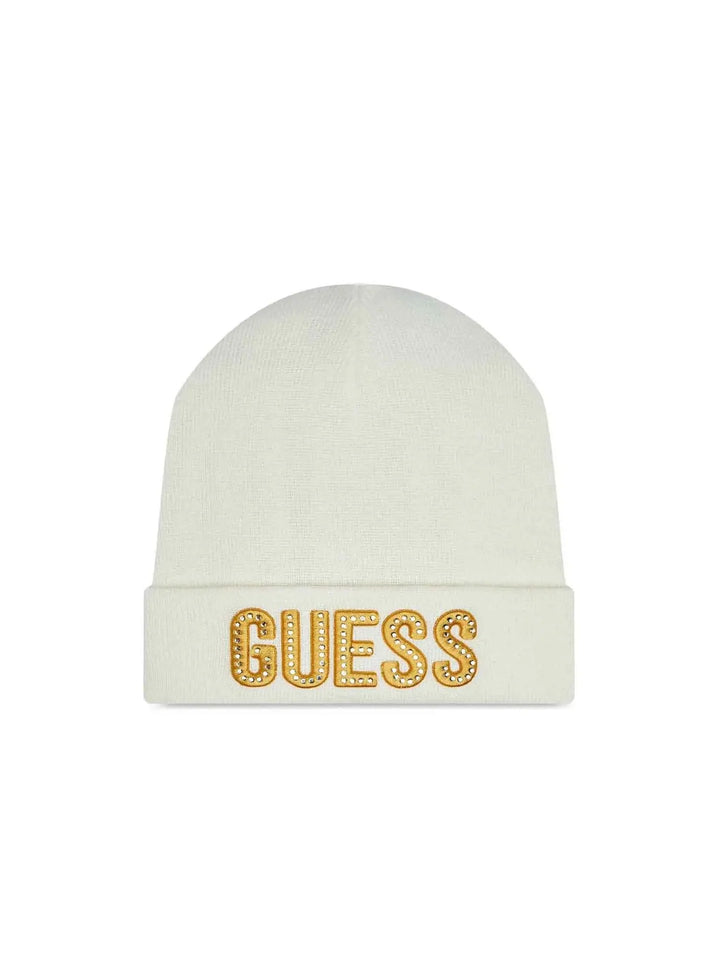 Gorro GUESS crema con logo dorado y pedrería desde la talla 2 años hasta la 16 años