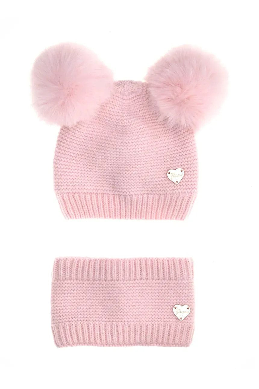 Pink GUESS hat and neck warmer with pom poms from 0/6 months to 12/24 months