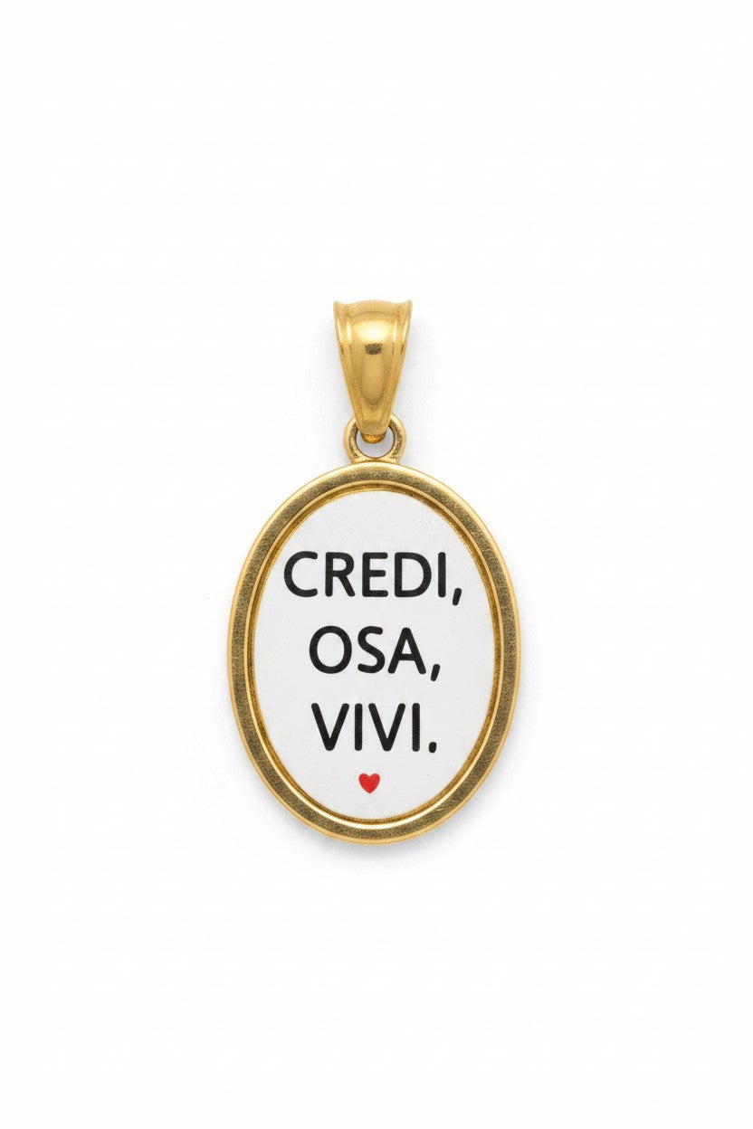 Pendant with phrase - Believe, Dare, Live - in water-proof stainless steel