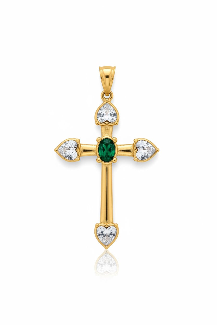 Ciondolo Croce stilizzata color oro zirconi trasparenti e verde - Acciaio - Nichel free