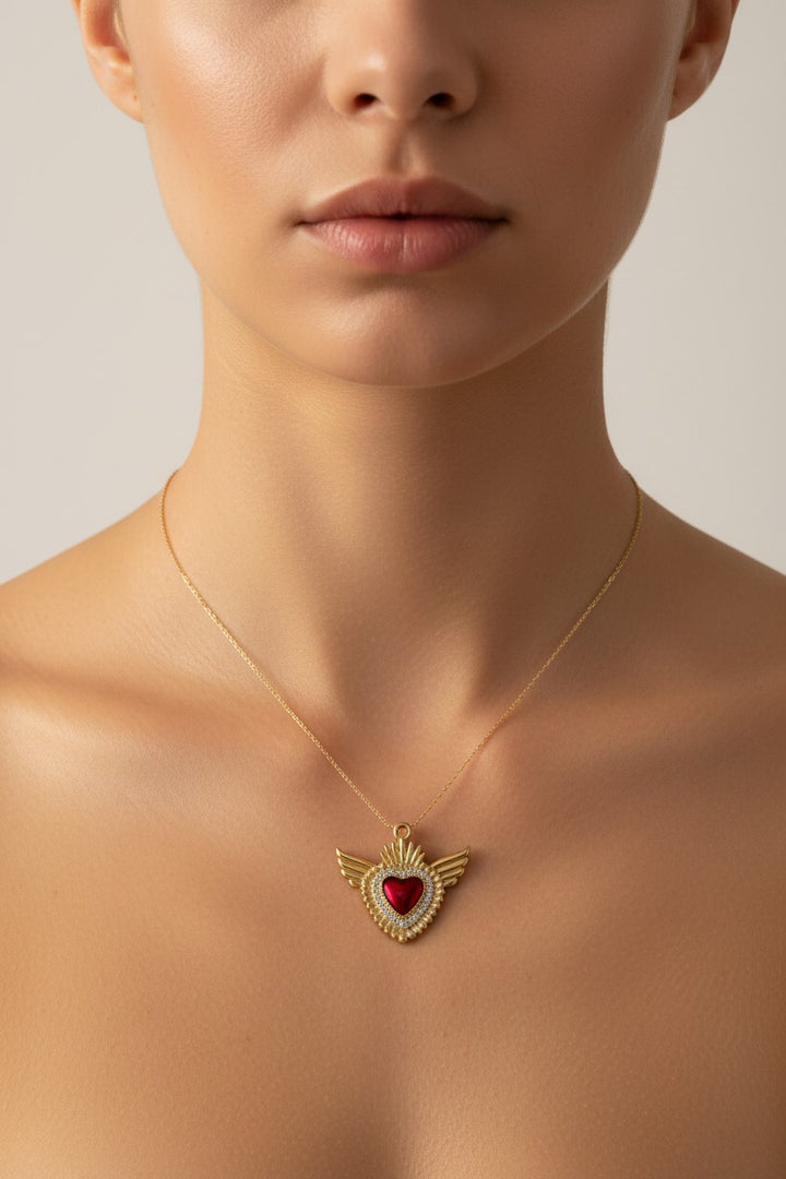 Ciondolo Cuore Alato oro con strass in acciaio waterproof nichel freee