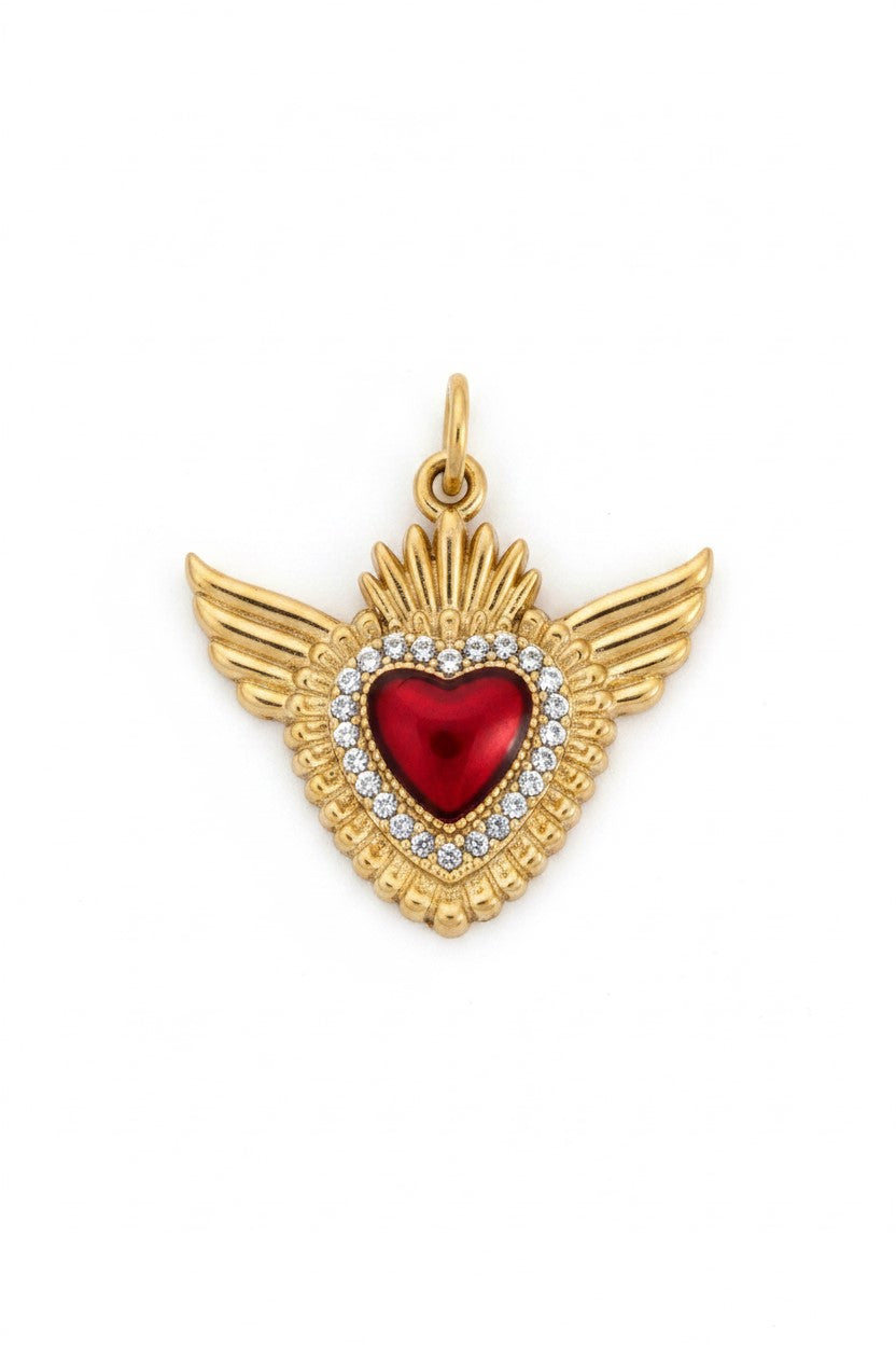 Ciondolo Cuore Alato oro con strass in acciaio waterproof nichel freee