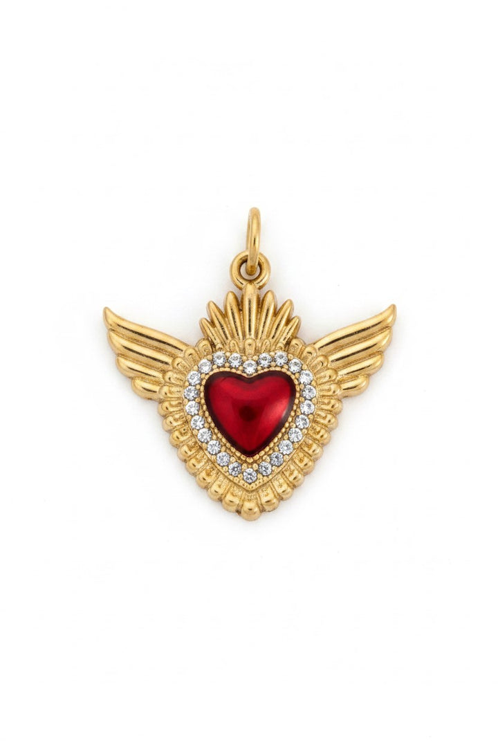 Ciondolo Cuore Alato oro con strass in acciaio waterproof nichel freee