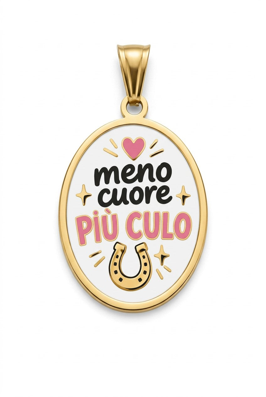 Ciondolo con frase - Meno cuore più cul - in acciaio inossidabile - waterproof - nichel free