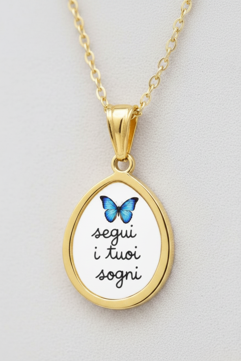 Ciondolo con frase - Segui i tuoi sogni - color oro in acciaio waterproof