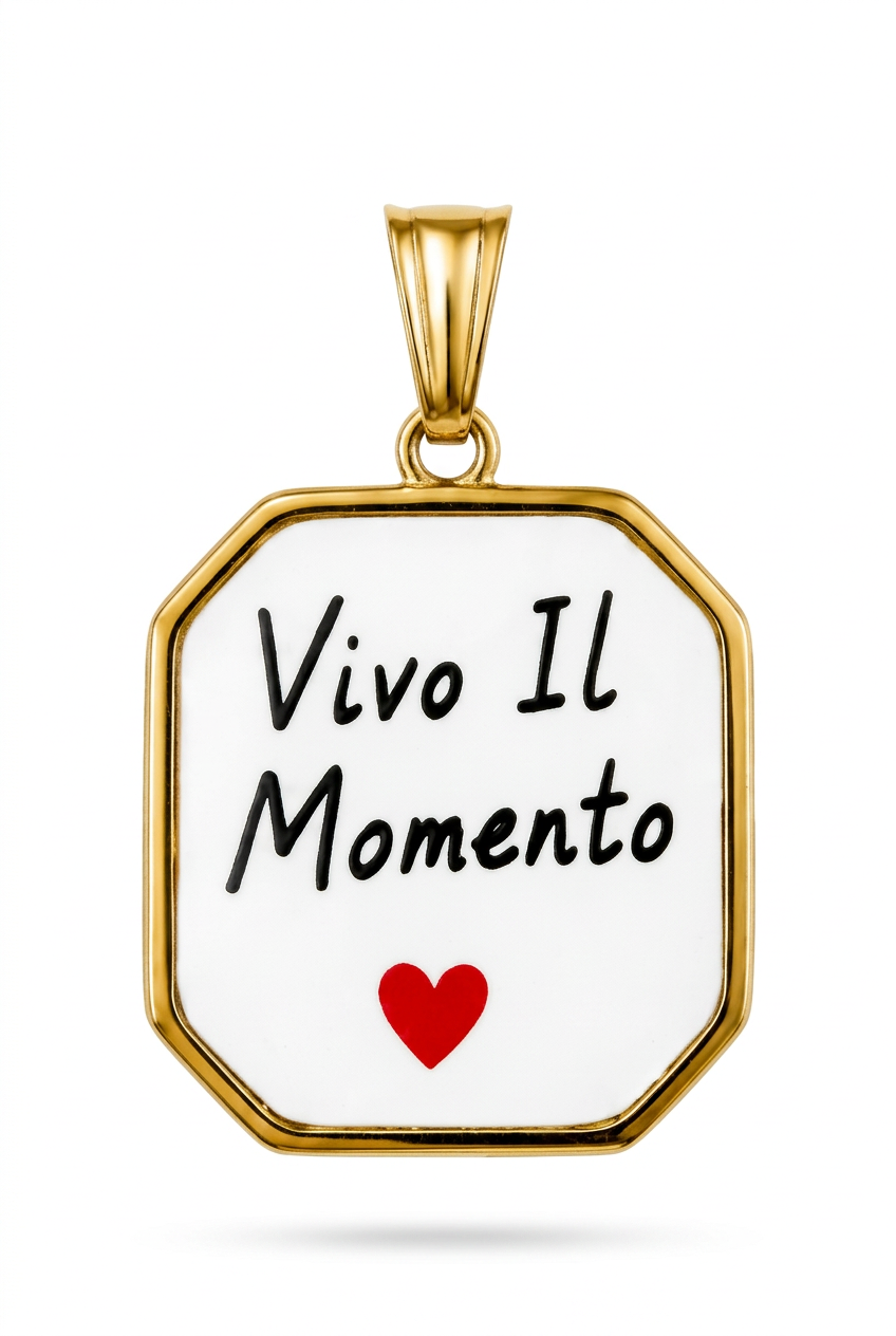 Pendant with phrase - Vivo il Momento - in stainless steel - waterproof - nickel free