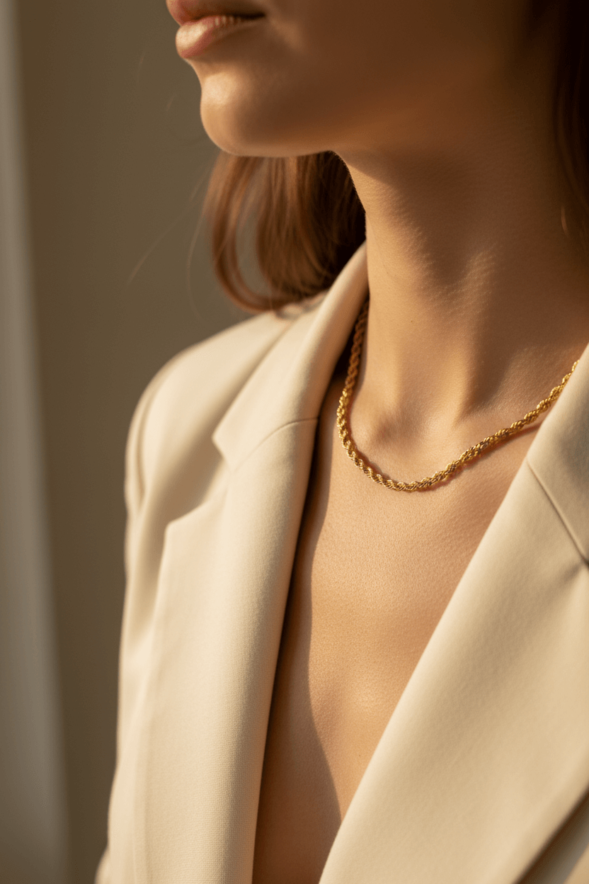 Collana catena intrecciata dorata indossata