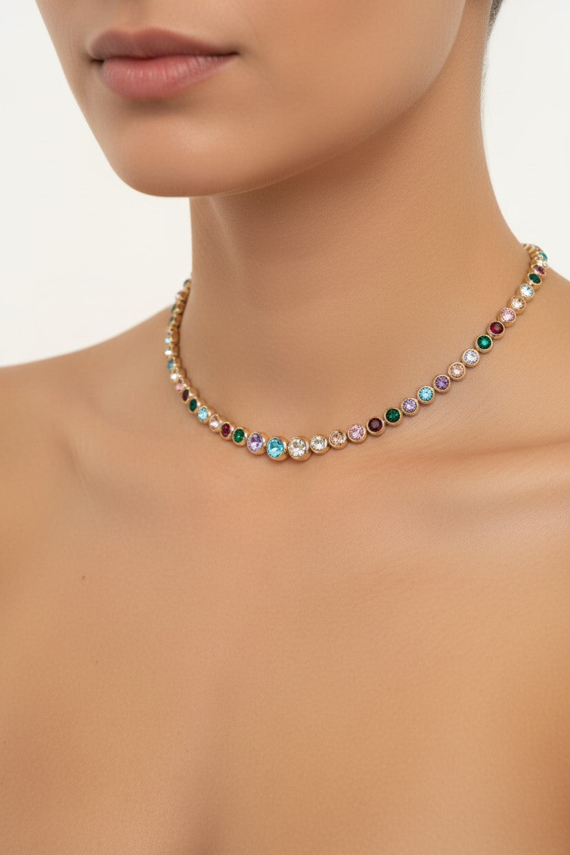 Venezia gold multicolor rhinestone necklace in stainless steel - does not lose color - waterproof